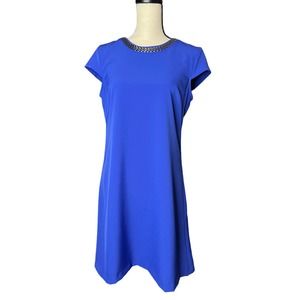 Jessica Simpson Shift Dress Size 6 in Blue with Cap Sleeves and Beaded Neckline